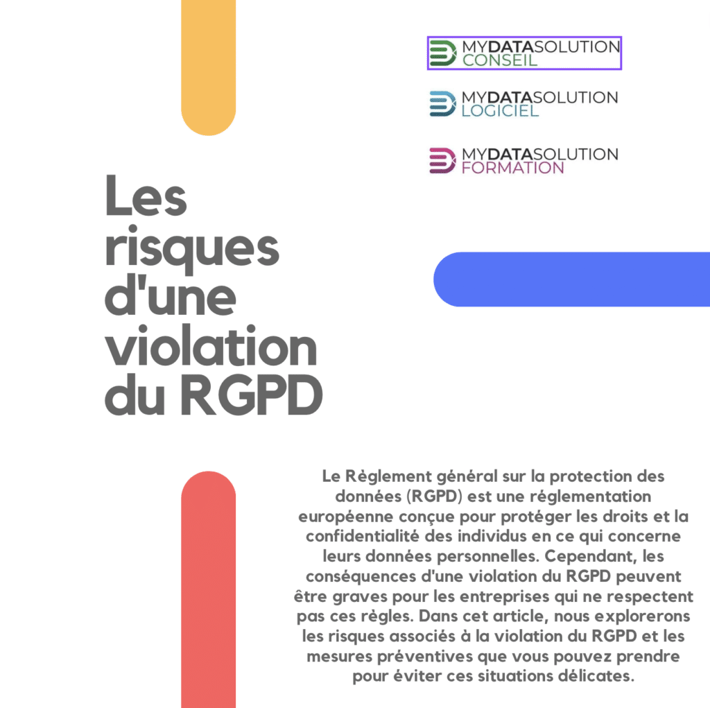 Le Règlement général sur la protection des données (RGPD) est une réglementation européenne conçue pour protéger les droits et la confidentialité des individus en ce qui concerne leurs données personnelles. Cependant, les conséquences d'une violation du RGPD peuvent être graves pour les entreprises qui ne respectent pas ces règles. Dans cet article, nous explorerons les risques associés à la violation du RGPD et les mesures préventives que vous pouvez prendre pour éviter ces situations délicates. Les risques d'une violation du RGPD Lorsqu'une entreprise ne respecte pas les dispositions du RGPD, elle s'expose à plusieurs risques et conséquences potentielles : Amendes financières élevées : Les autorités de protection des données ont le pouvoir d'imposer des amendes pouvant atteindre un pourcentage significatif du chiffre d'affaires annuel de l'entreprise. Ces amendes peuvent être suffisamment importantes pour entraîner des difficultés financières et porter préjudice à la réputation de l'entreprise. Perte de confiance des clients : Les violations du RGPD peuvent nuire à la confiance des clients, qui peuvent craindre pour la sécurité de leurs données personnelles. Une perte de confiance peut entraîner une diminution des ventes, une réputation ternie et une diminution de la fidélité des clients. Litiges et actions en justice : Les personnes dont les données ont été violées peuvent intenter des actions en justice contre l'entreprise responsable. Ces litiges peuvent non seulement entraîner des coûts supplémentaires, mais également une publicité négative pour l'entreprise. Sanctions administratives et restrictions commerciales : Outre les amendes, les autorités de protection des données peuvent imposer d'autres sanctions administratives, telles que la suspension des activités de traitement des données ou la limitation des transferts internationaux de données. Ces sanctions peuvent entraver les opérations commerciales de l'entreprise.