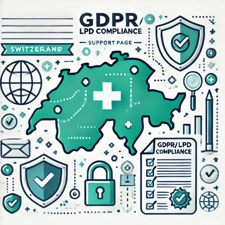 DALL·E 2024 10 29 16.15.04 Create a clean and professional illustration for a GDPR and LPD Compliance Support page in Switzerland. The design should include a simple map of Swit