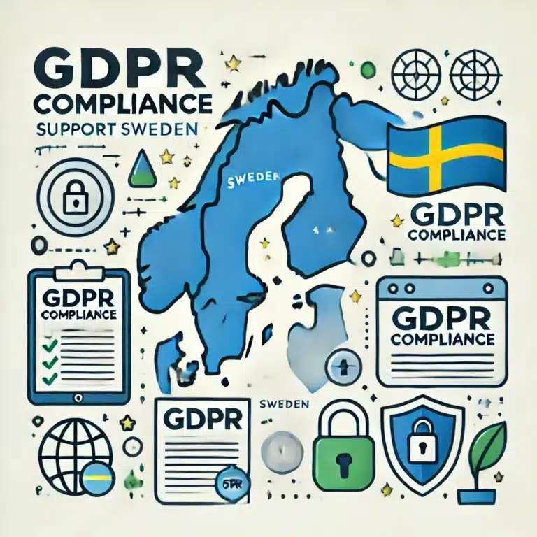 DALL·E 2024 10 29 17.26.24 Create a clean and professional illustration for a GDPR Compliance Support page in Sweden. The design should include a simple map of Sweden a documen