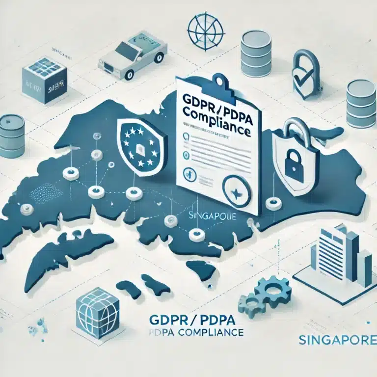 DALL·E 2024 10 29 19.13.12 Create a clean and professional illustration for a GDPR and PDPA Compliance Support page in Singapore. The design should include a simple map of Singa