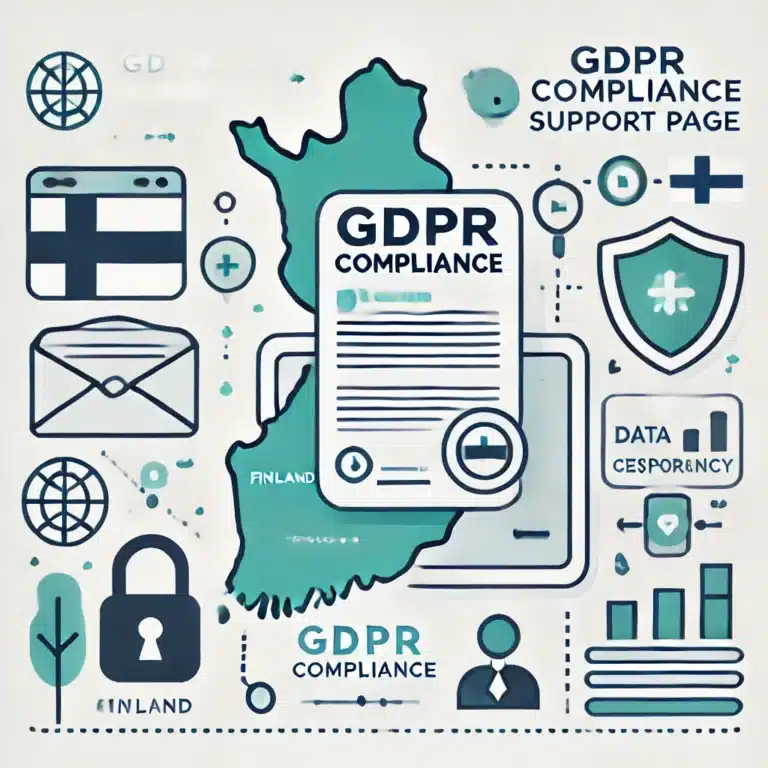 DALL·E 2024 10 30 15.31.07 Create a clean and professional illustration for a GDPR Compliance Support page in Finland. The design should include a simple map of Finland a docum